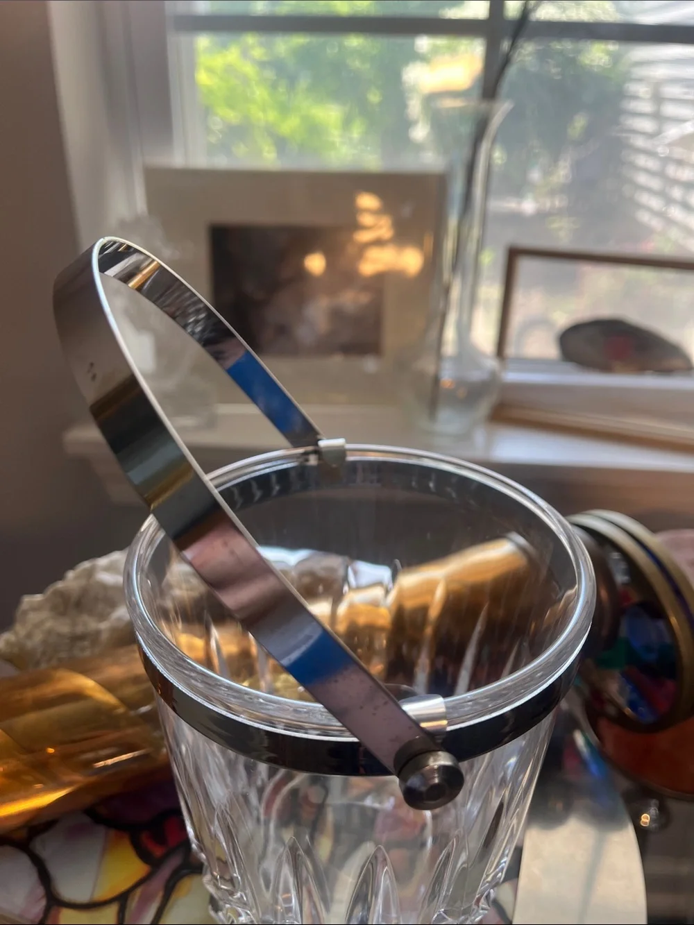 vintage crystal Ice Bucket with Silver Handle - Elegant Home Dining Accessory